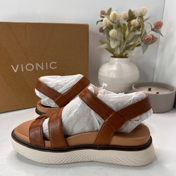 Vionic Solana Leather Strappy Platform Sandal Tan Buckle J4525L1200 Women 6W NWB - Picture 6 of 10